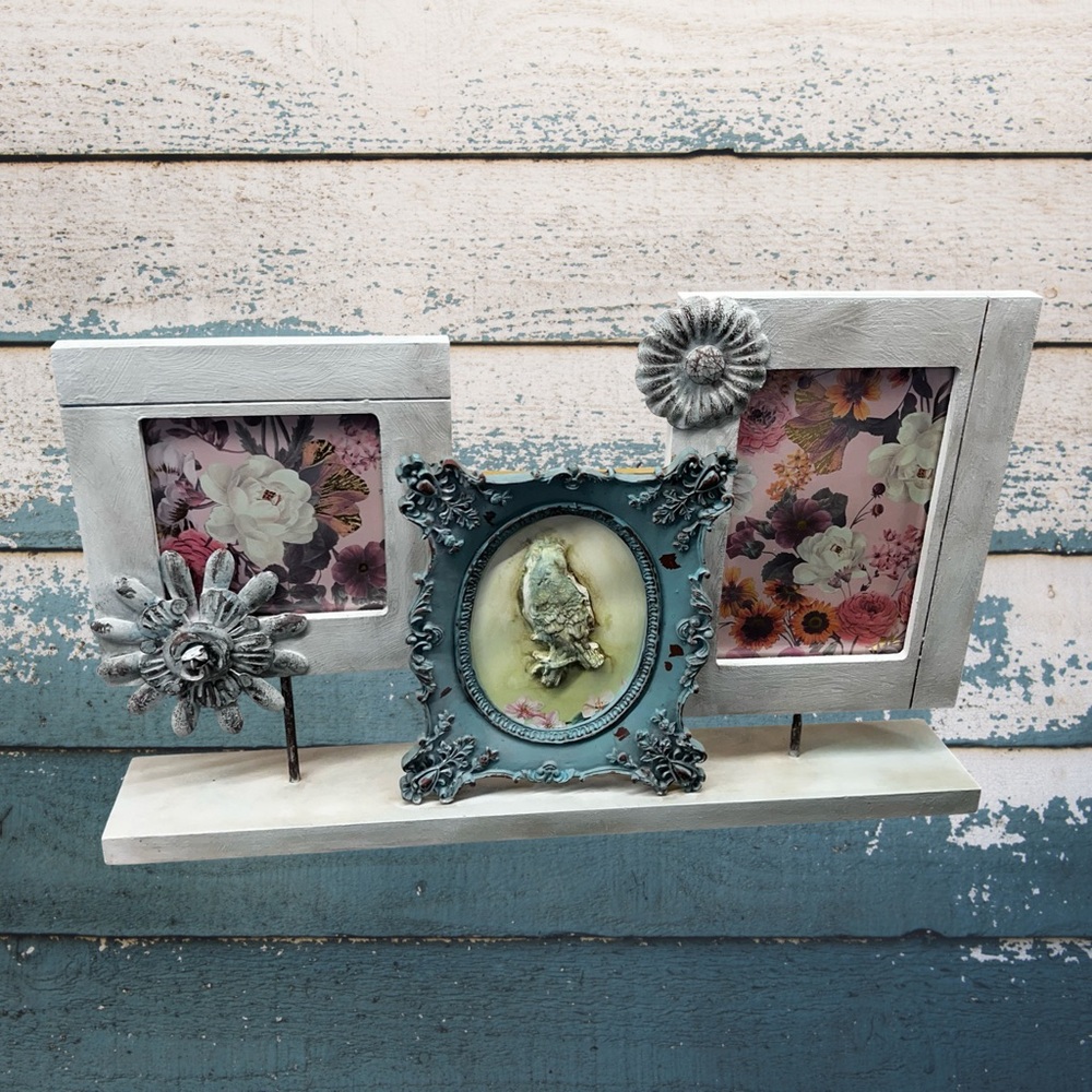 Upcycled Chic French Country Cottagecore Framed Art Bird Floral Table Top Decor